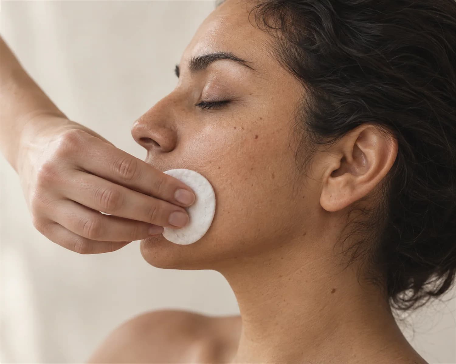 Sesión de limpieza facial realizada con un gesto suave sobre la piel.
